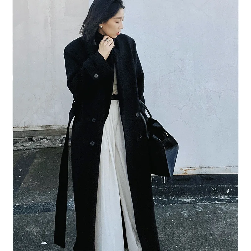 10% cashmere wool coat women's 23ss autumn and winter lace-up wide shoulder extended woolen coat