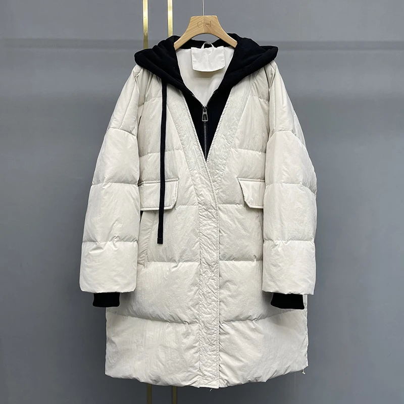 Schinteon feminino pato branco para baixo sobre tamanho jaqueta outono inverno quente casual outwear com capuz falso duas peças retalhos casaco 2023