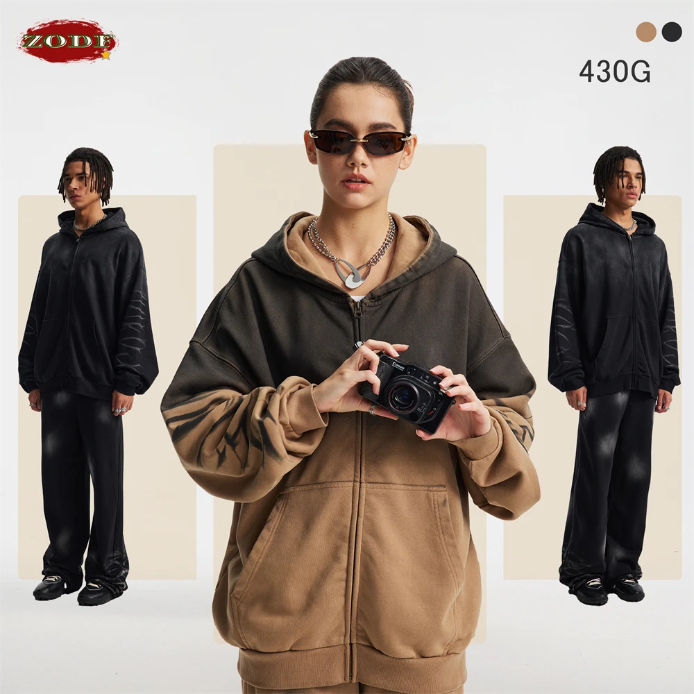 ZODF 2025 Winter 430gsm Distressed Cotton Zipper Hoodie For Man Unisex Graffiti Painting Men's Hooded Coat HY1134