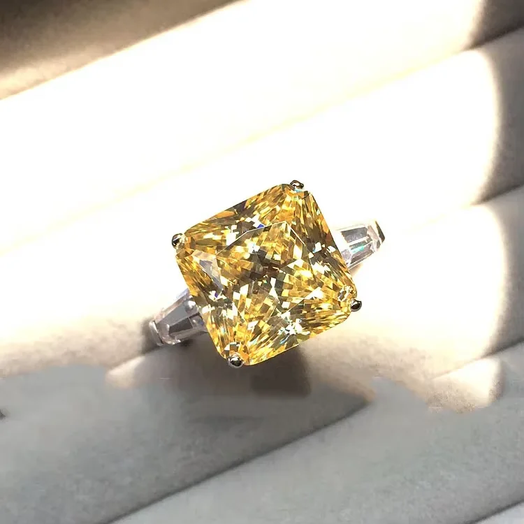 Radiant Cut Yellow/Pink/Blue Zircon Three Stone Ring White Gold Color Big Stone Women Engagement Statement Ring