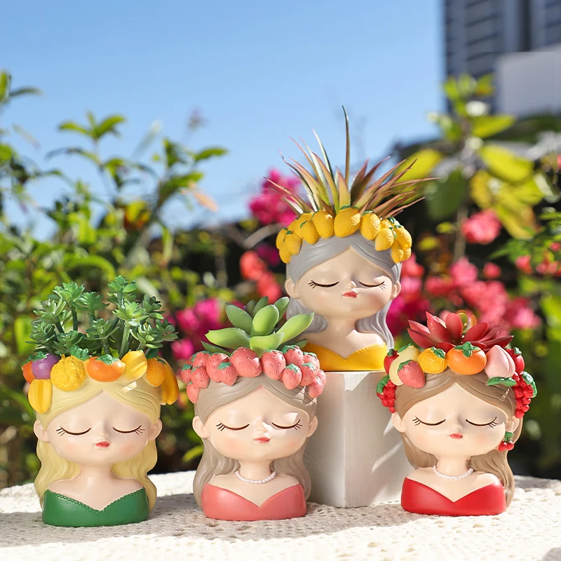 Charming Girl & Fruit Harvest Mini Planter, Cute Decorative Flower Pot for Succulents & Small Indoor Plants for Desk Decor