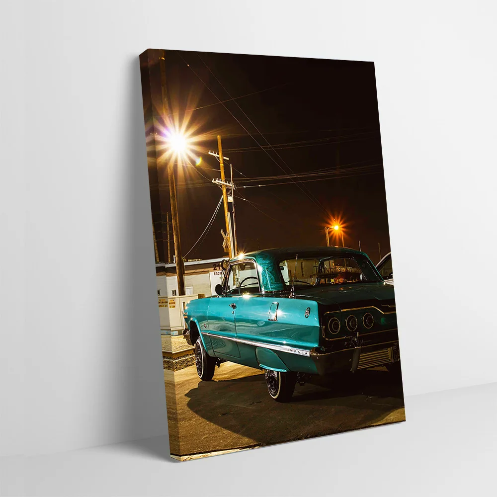Lowrider Classic Teal Car At Night Poster Customizable Printed Canvas Painting Wall Art Gift for Decorative Picture Home Decor