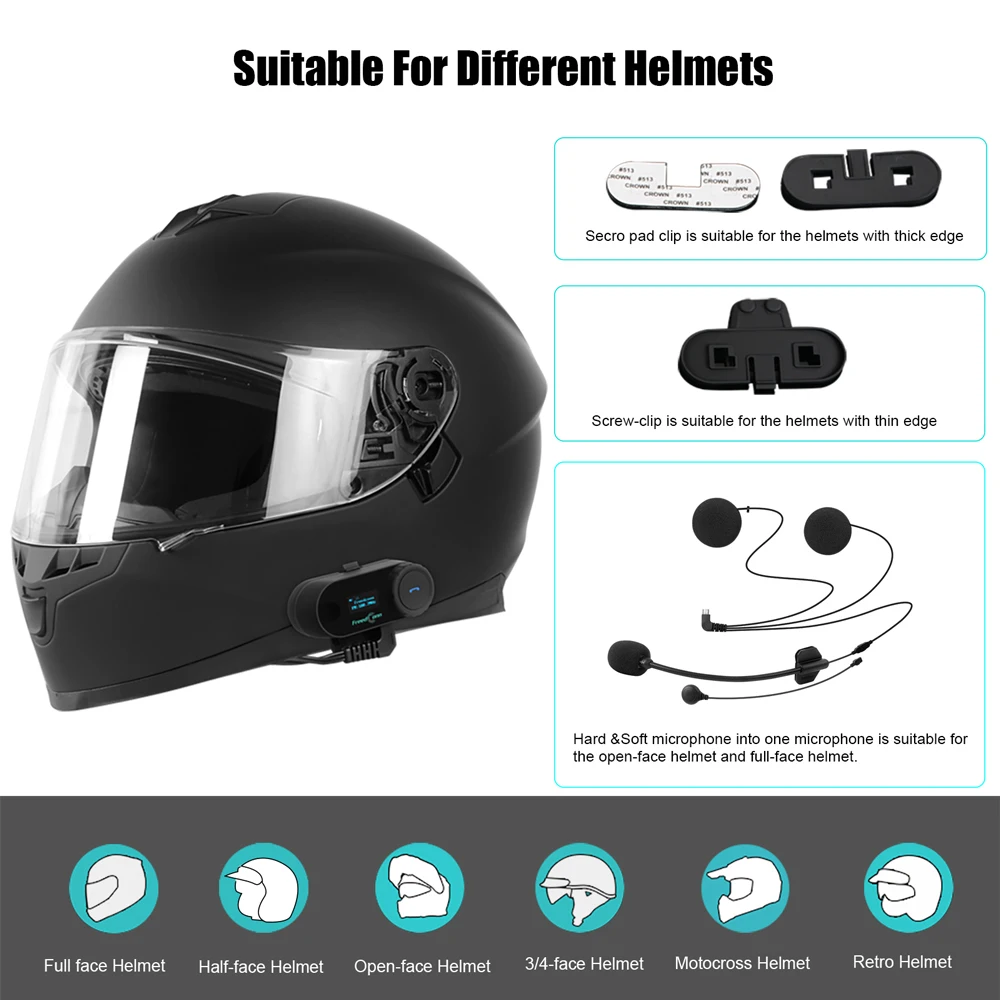 FreedConn Bluetooth Motorrad Intercom Helm Headset Drahtlose Motorrad Kopf Interphone LCD Bildschirm FM Kopfhörer – Detail 10