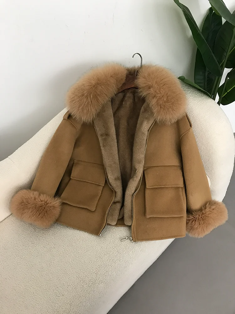 2025 Women Natural Fox Collar Cuffs Wool Cashmere Blends Pockets Outerwear Real Fur Coat With Thick Liner Winter Jacket