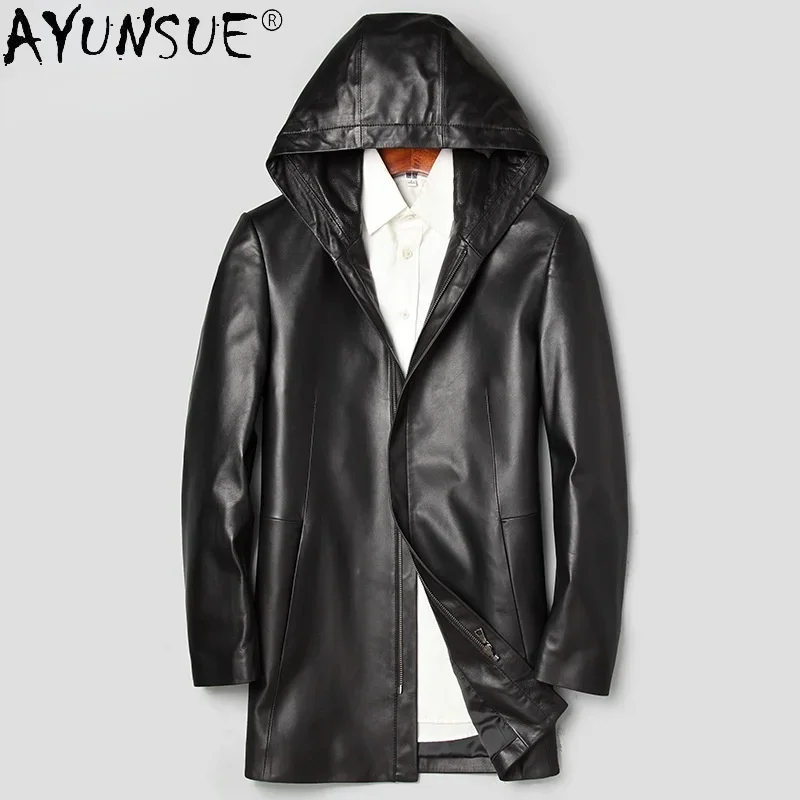 

AYUNSUE 2021 Autumn Genuine Sheepskin Men's Leather Jacket Hooded Black Thin Leather Jackets Male Korean Clothes Jaquetas Gmm29