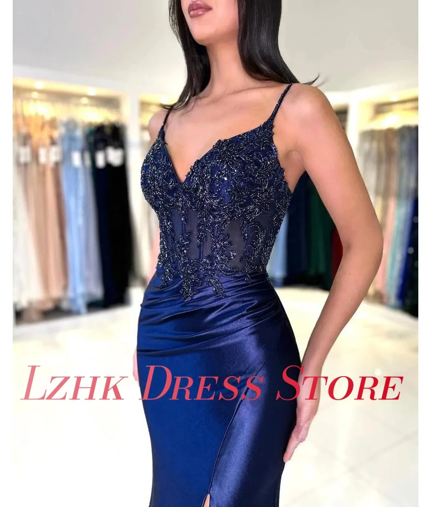 Gaun Malam Tali Spaghetti Berpayet Applique Putri Duyung Satin Indah Kustom Gaun Malam Seksi Tanpa Lengan فساتين سهرة