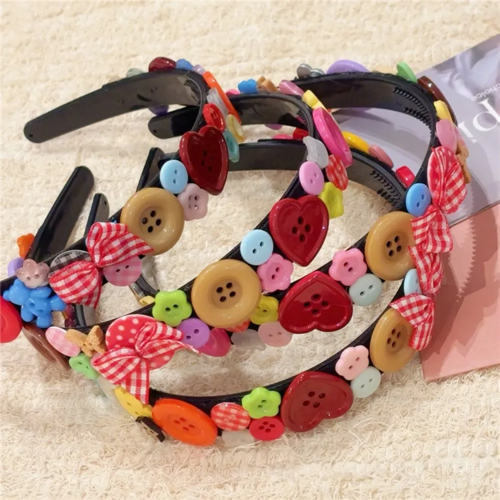 Cute Dopamine Coloured Button Headband Face Washing Y2k Childishness Hairband Headwear Korean Style Bow Hair Hoop Children