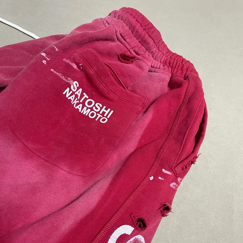 SATOSHI NAKAMOTO Men Women Burgundy Wide Leg Sweatpants Vertical Letter Print Paint Splatter Ripped Trousers