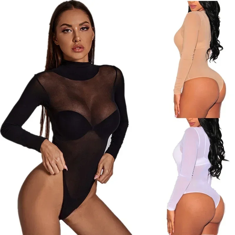 

Female Bodysuit Sexy Lingerie Elastic Sheer Mesh See Through Fishnet Open Crotch One-pieces Bodysuits Tops for Women Plus Size