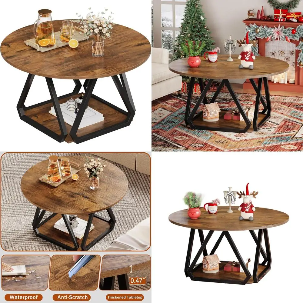 

Modern Rustic 2-Tier 31.5 Round Coffee Table with Storage Shelf for Living Room and Apartments in Rustic Brown
