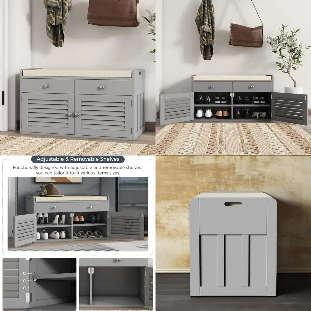 

Cushioned Shoe Bench with Storage Drawers and Adjustable Shelves for Entryway, Living Room, and Hallway