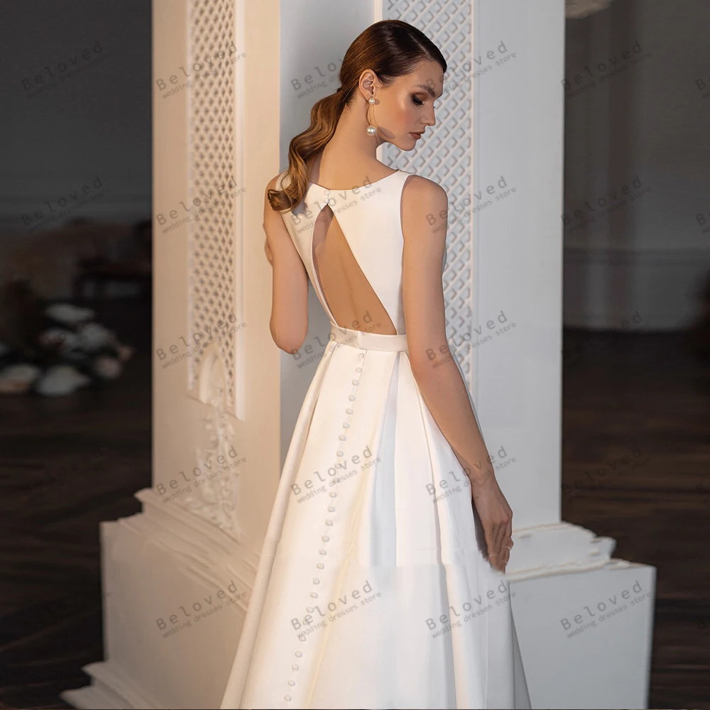 Vestidos de casamento simples cetim vestidos de noiva sem mangas sem costas roupões chá-comprimento elegante o-pescoço vestidos de novia personalizado 2025