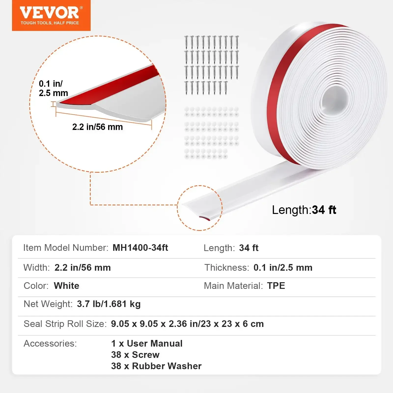 Tira de vedação superior e lateral da porta da garagem 34 pés Universal Weather Stripping