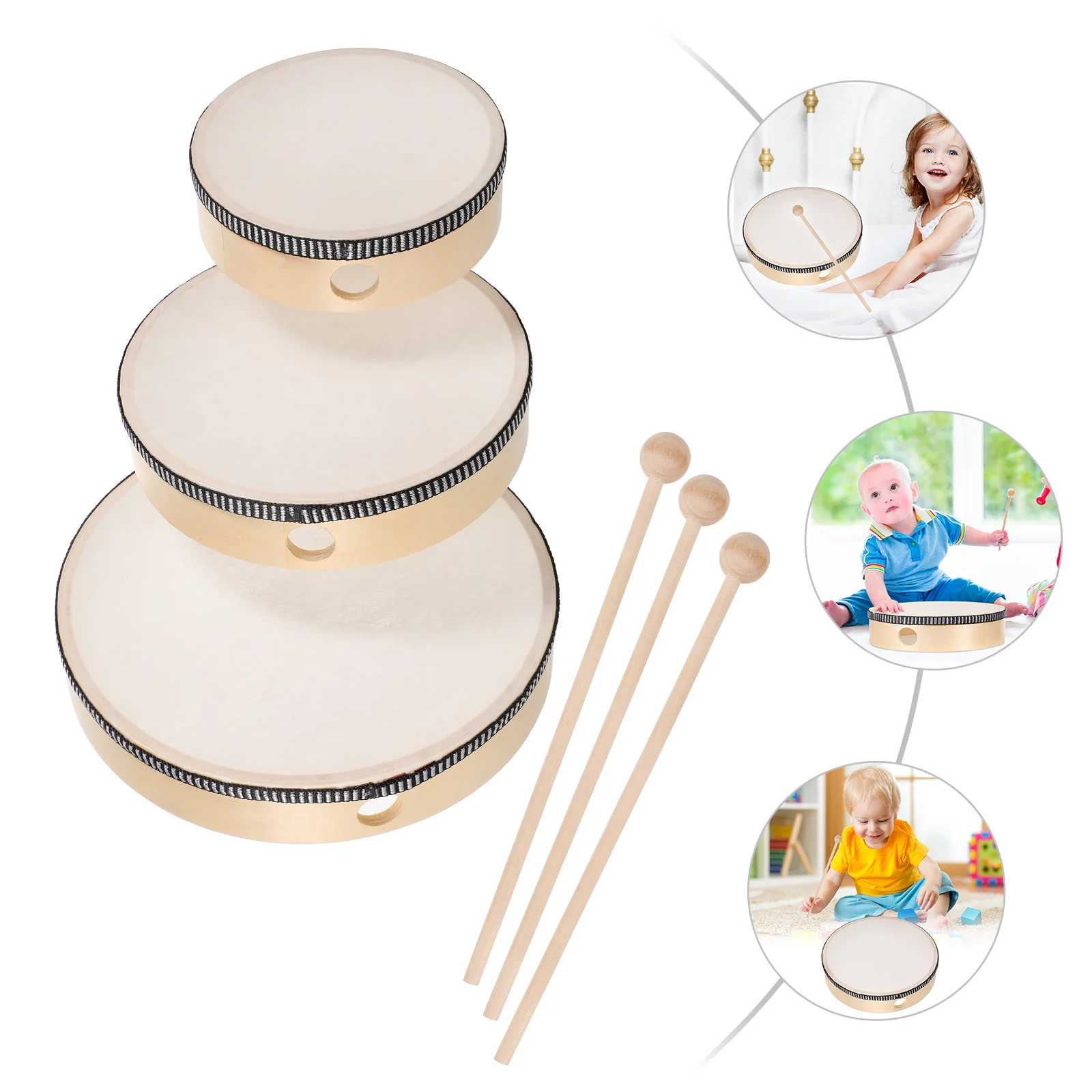 

6 Pcs Kids Hand Drum Set 6 8 10 Inch Drums with Sticks Safe Durable Musical Toys Percussion Instruments Tambourine Frame