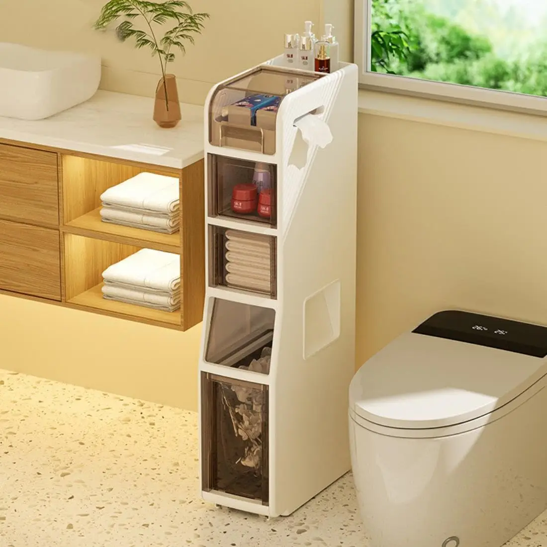 خزانة حمام دوارة مكونة من 5 طبقات مع صندوق، وخزانة تخزين أرضية مع عجلات وأدراج تخزين متنقلة بسعة كبيرة