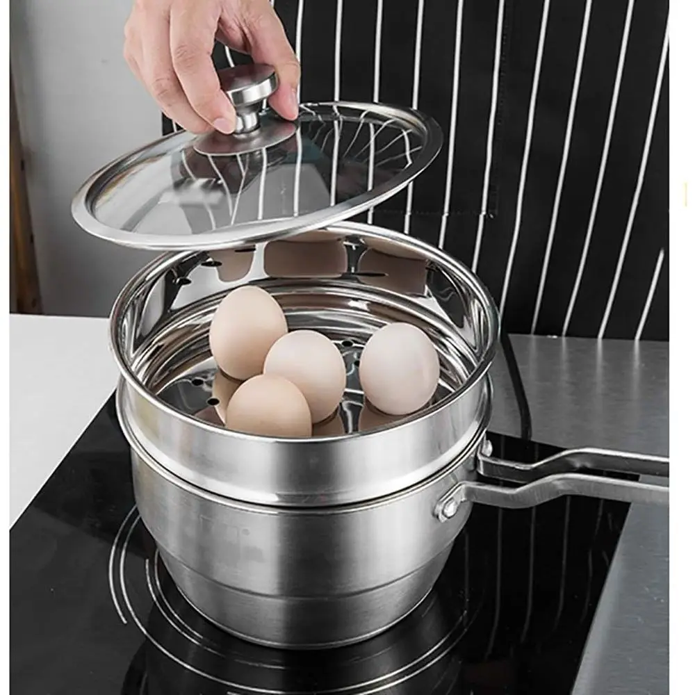 2-Tier Stainless Steel Induction Cookware Set with Vegetable Steamer and Tempered Glass Lid, 17x20cm Base