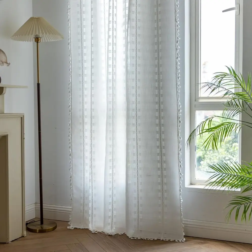 Cortinas de linho semitransparentes vintage, 96 longas, 2 painéis boho para sala de estar, quarto, berçário, filtragem de luz, privacidade, bo neutro