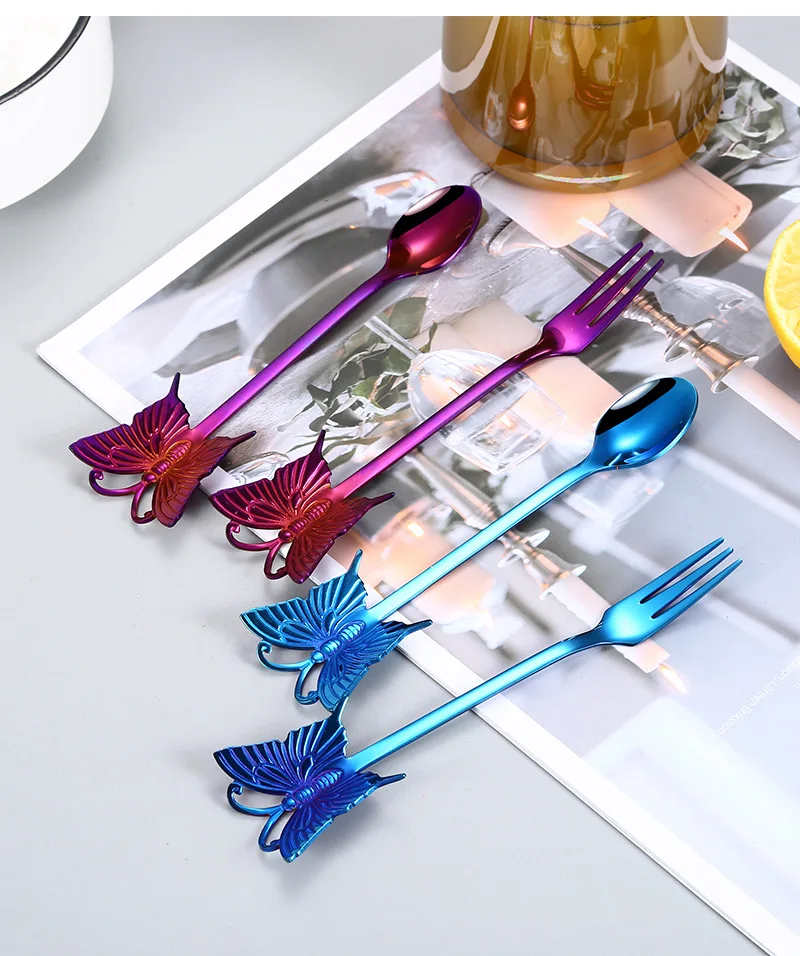 

Stainless Steel Coffee Spoon Teaspoon Gold Plated Sugar Dessert Fruit Fork Mirror Polishing Butterfly Handle Dinnerware