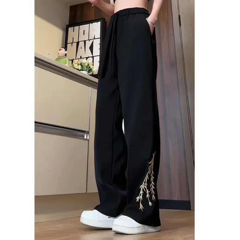 Casual pants female 2024 summer thin Chinese embroidery fashion temperament bamboo printing loose high waist pants.