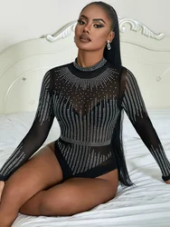 Comeondear Rhinestone Mesh Jumpsuit Lingerie See Through Bodysuit Pajamas Black Sexy Oversized Leotard Long Sleeve Teddy Rompers