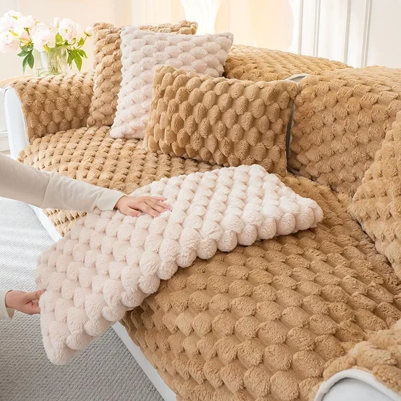 

Light Luxury Velvet Sofa Cover Gray Striped Plush Thick Sofas Mat Universal L-shaped Sofa Cover Anti Slip Sofas Towel Pillowcase