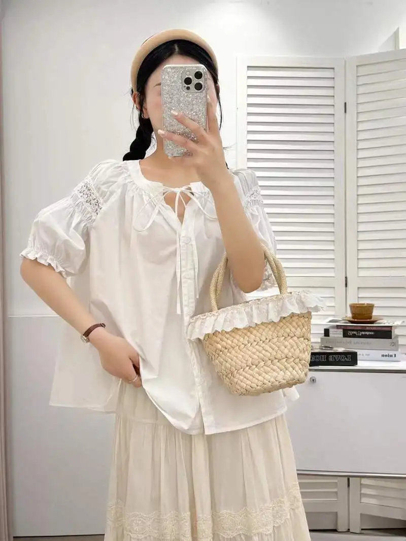 ใหม่2025ฤดูร้อนผ้าฝ้ายแขนสั้นเสื้อผู้หญิงVคอเย็บปักถักร้อย, Moriสาวภาษาฝรั่งเศสคําเดินทางอายุลดเสื้อหลวมT57221CC