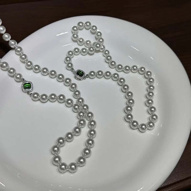 Crystal Pearl Necklace Clear Green Sugar Cube Moonlight White Satin Textured Pearl Necklace