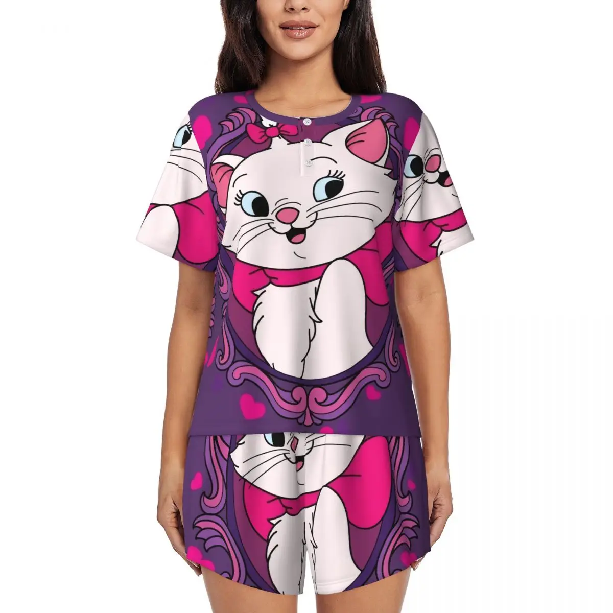 

Custom Cartoon Aristocats Animation Marie Cat Pajama Sets Women's 2 Piece Short Sleeve Pjs Shorts Sleepwear