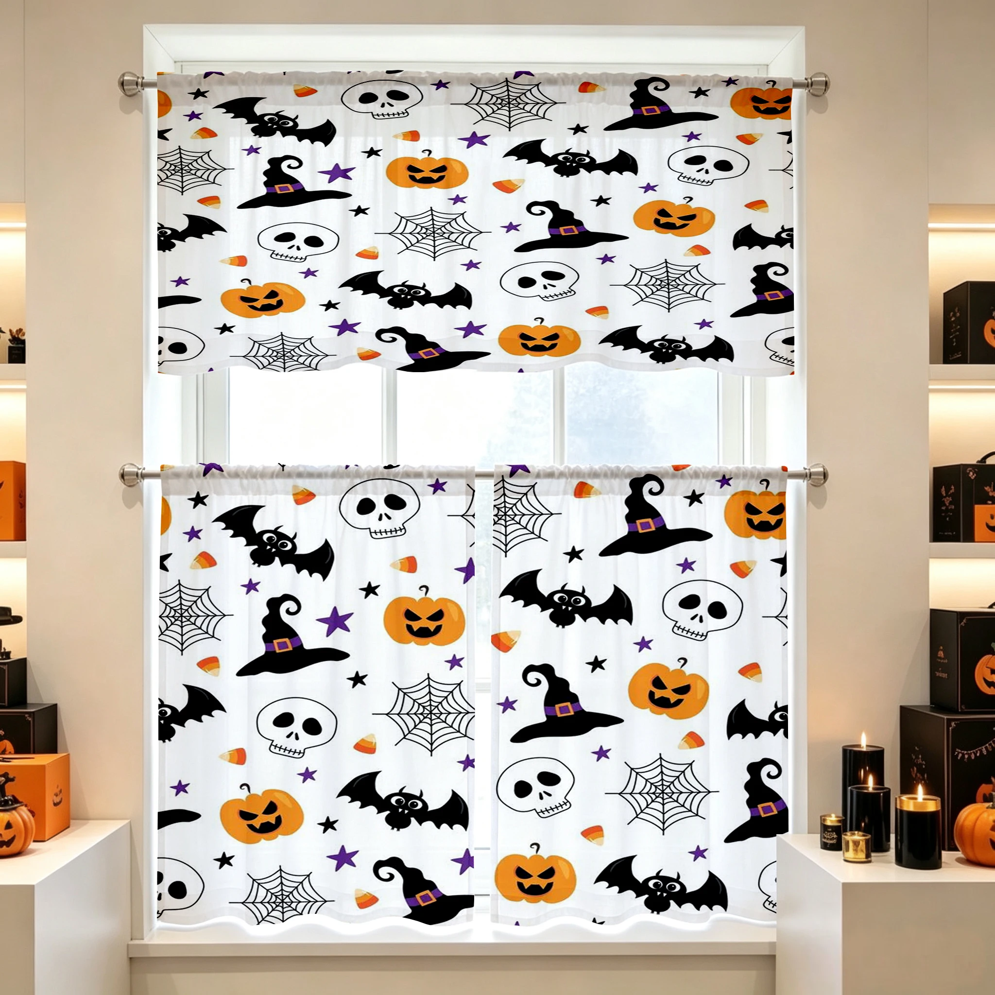 Halloween Fall Kitchen Curtains, Bat Skull Pumpkin Witch, Digital Print, Kitchen Dining Room, Rod Pocket Polyester, Home Decor