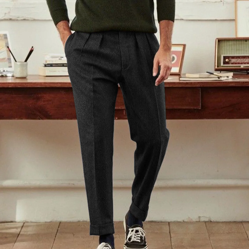 Pantalon en mélange de laine plissé à chevrons pour hommes, effilé, confortable, respirant, décontracté, pour les affaires, tenue de bureau, coupe cintrée