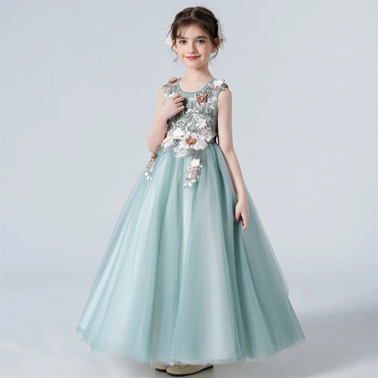 Children\'s Girls Dresses For Eid Luxury Party Princess Dress 4-12 Years Old Kids Girl Long Dress Robe Tulle Green Clothing