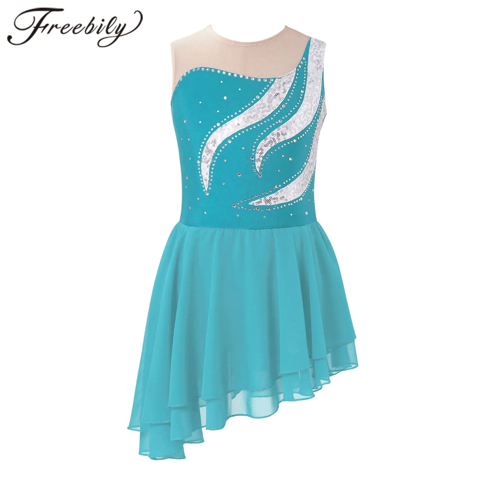 Kids Ice Skating Clothes for Girls Sleeveless Gymnastics Leotard Sequins Rhinestone Ballet Dress Teen's Figure Skating Dress