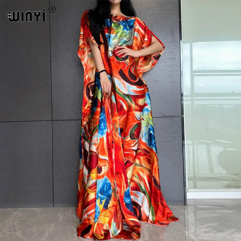 

WINYI New Style Silk loose African Women Clothing Dubai Muslim Dashiki kaftan Graffiti print Design With Scarf Loose beach dress