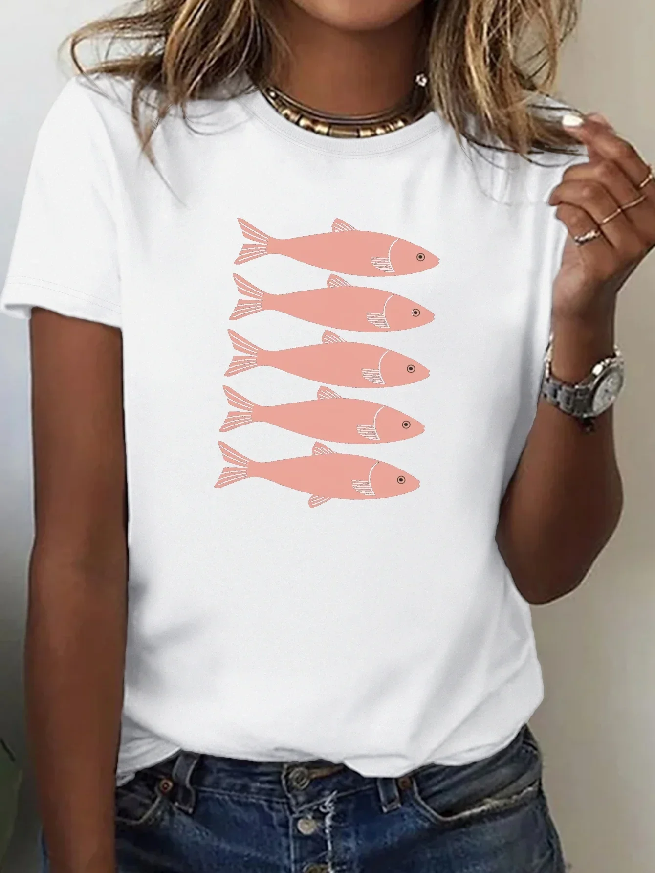 Camiseta con estampado de peces creativos, pantalón corto informal de manga corta con cuello redondo, ropa cómoda de moda para el día a día para mujer, ropa de talla grande