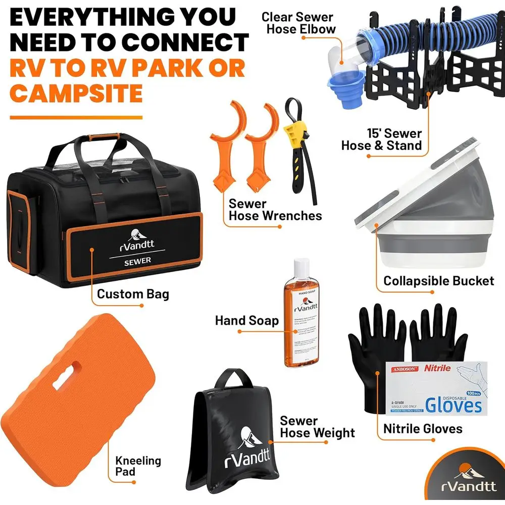 RV Sewer Accessories Kit - 15ft Sewer Hose w/4in1 Adapter, Stand, Collapsible Bucket, Nitrile Gloves, Hand Cleaner, Wrenches, Kn