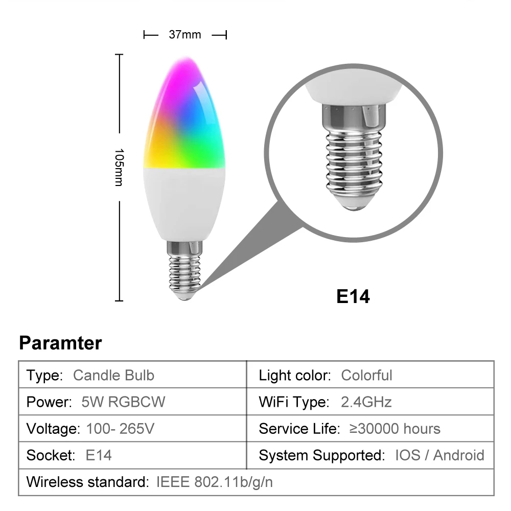 Miucda Tuya ไวไฟเทียนอัจฉริยะ6W RGB + CW ฟังก์ชั่นจับเวลาหรี่แสงหลอดไฟ LED ฟังก์ชั่นชีวิตสมาร์ท APP ทำงานสำหรับ Alexa Google Home