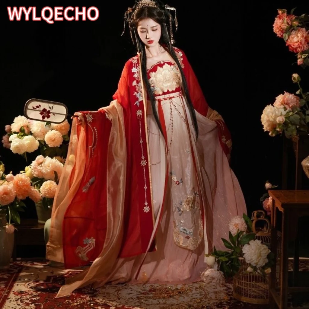 

Hanfu Female Tang Style And Breast Skirt Dress Embroidered Large Sleeve Shirt Red Tang Dynasty Chinese Style Autumn Suit