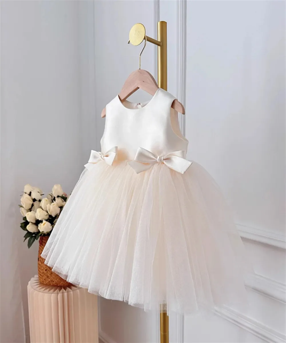Cute Flower Girl Wedding Dress Princess Bow Satin Tutu Dress Sleeveless Infant Toddler Child Elegant Birthday Party Baby Cloth