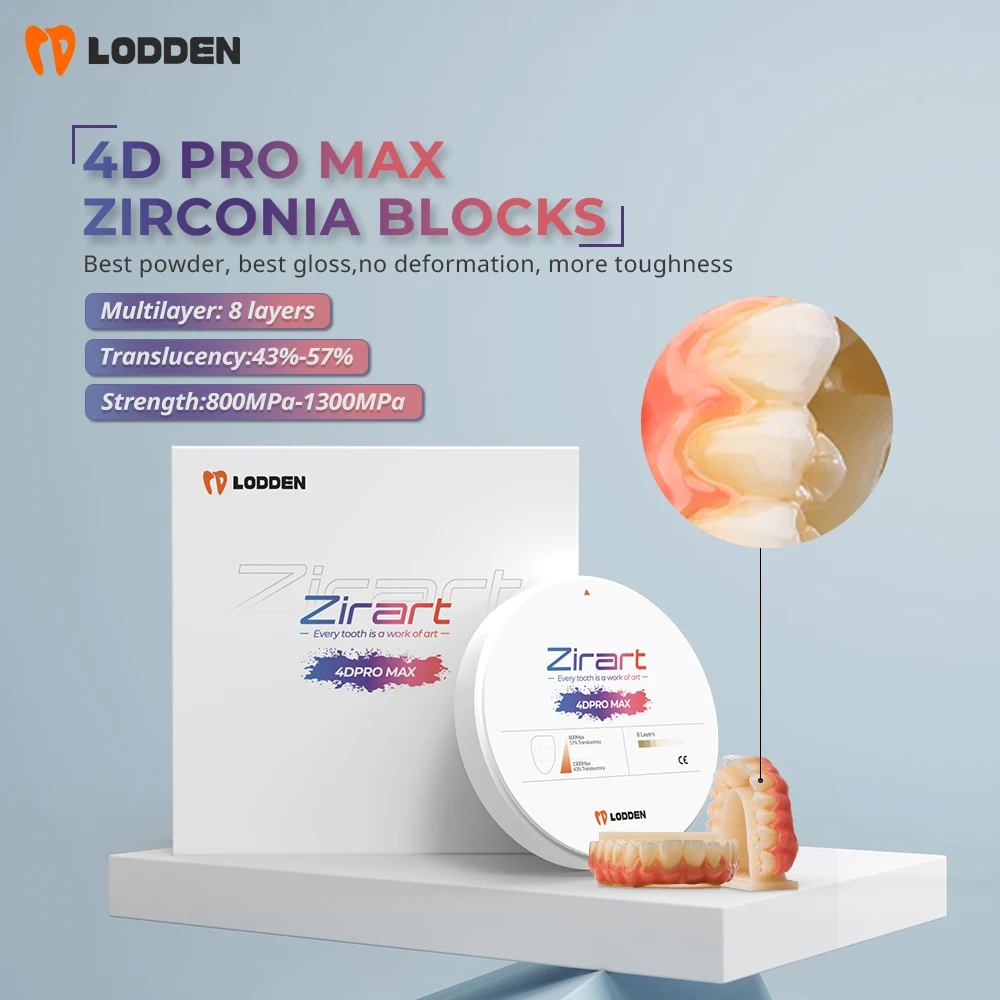 

LODDEN 1300MPa Dental Lab Zirconia 4D Pro Max Multilayer Blocks 8 Layer 98mm for CAD CAM Nature Teeth Denture Materials A1 A2 A3