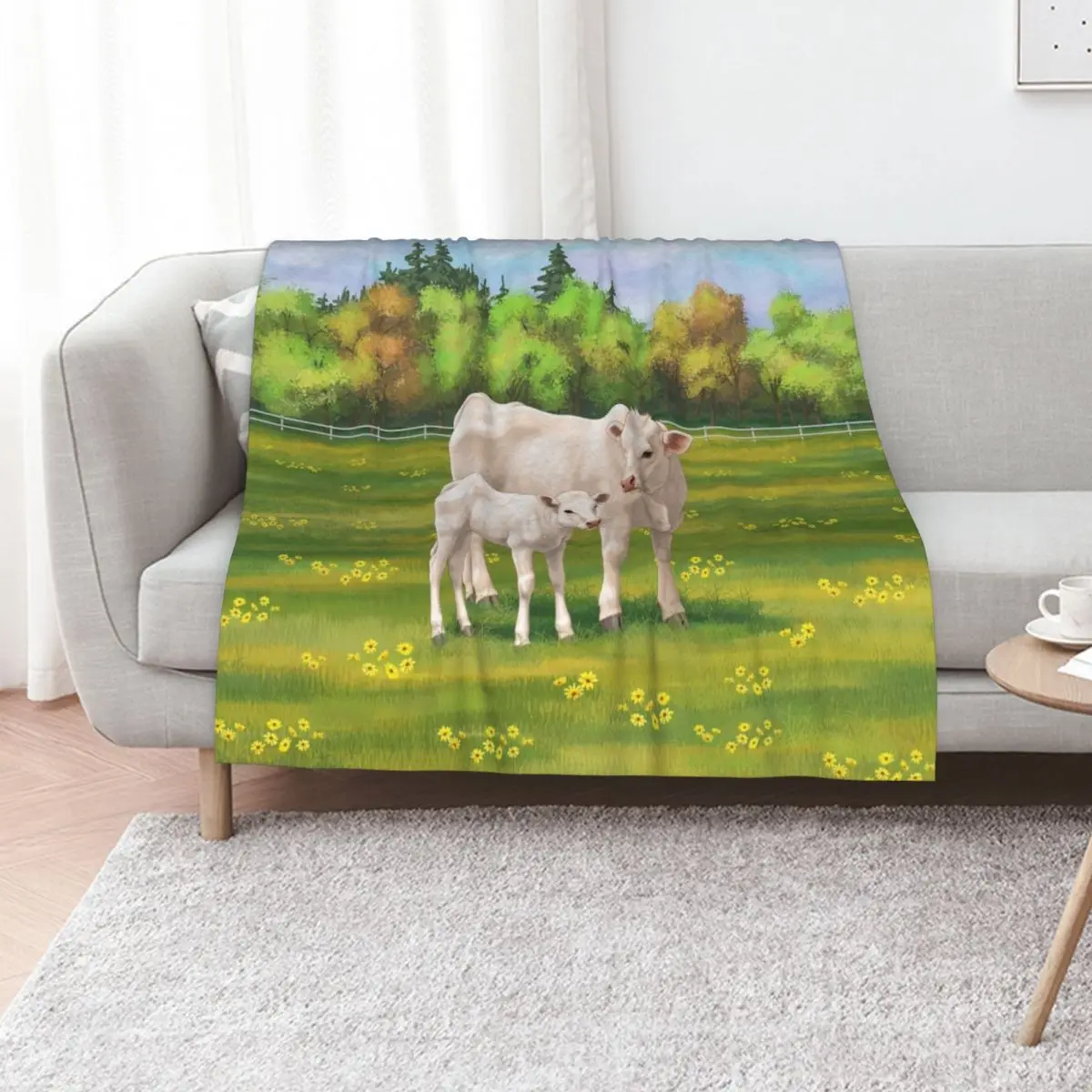 Manta Decorativa con Diseño de Vaca Charolaise Blanca y Ternero Adorable en Pasto de Verano, Manta Suave y Acogedora para Decoración del Hogar