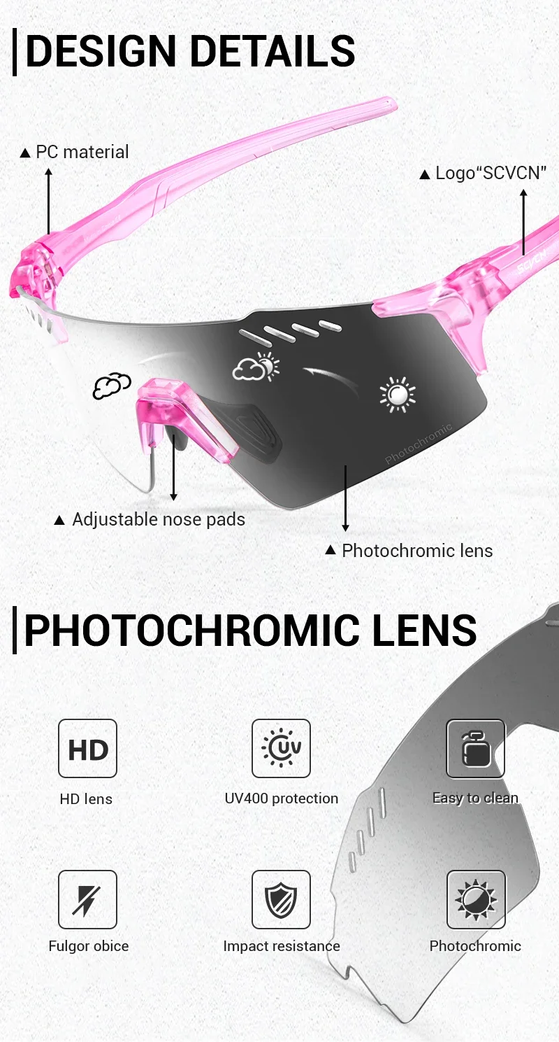 SCVCN Outdoor Photochrome Sonnenbrille Sport Radfahren Gläser Mann MTB Gläser Frauen Fahren Fahrrad UV400 Schutzbrille – Detail 2