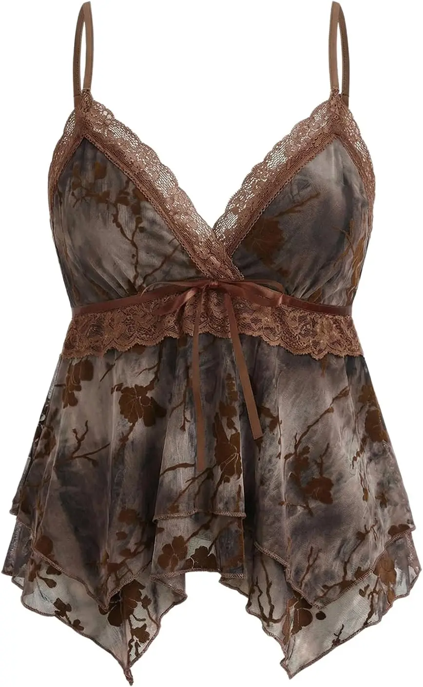 

Women's Y2K Tops Babydoll Summer Tank Tops Going Out Floral Lace Mesh Shirt Whimsical Clothes