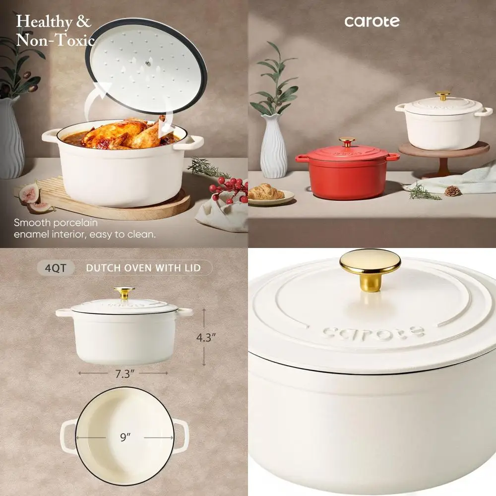 

4-Quart Cast Iron Dutch Oven with Lid, Ideal for Baking, Braising, and Roasting, Non-Toxic, Oven Safe to 500°F, Cream White