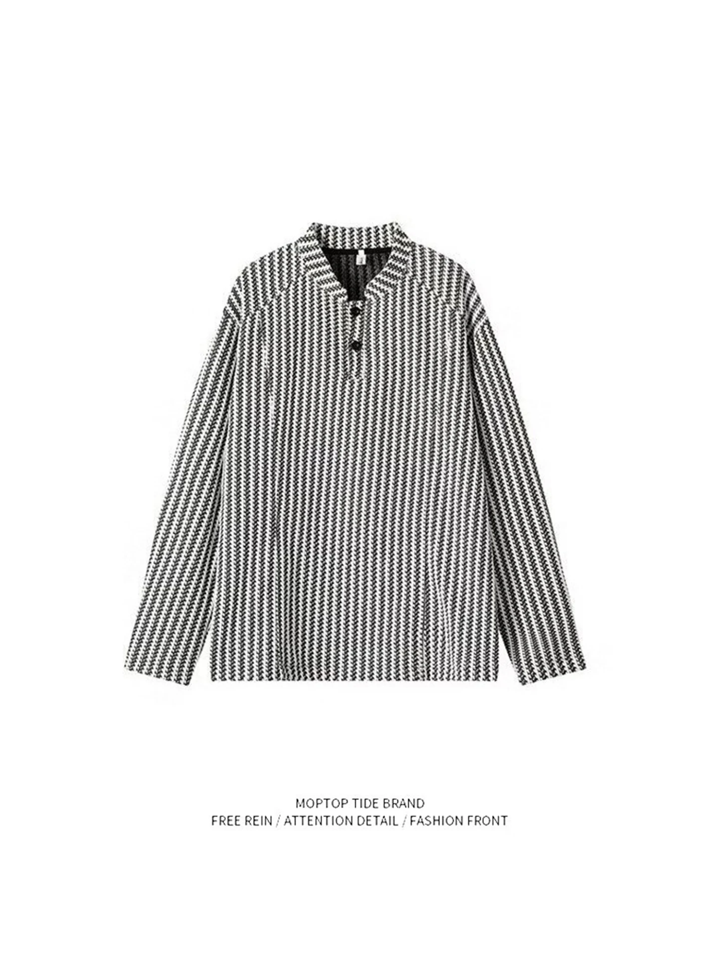 

Loose Fit Long Sleeve Henry Collar Sweatshirt Unisex Autumn Heavyweight Black White Stripes T-Shirt Casual Style Comfortable ...