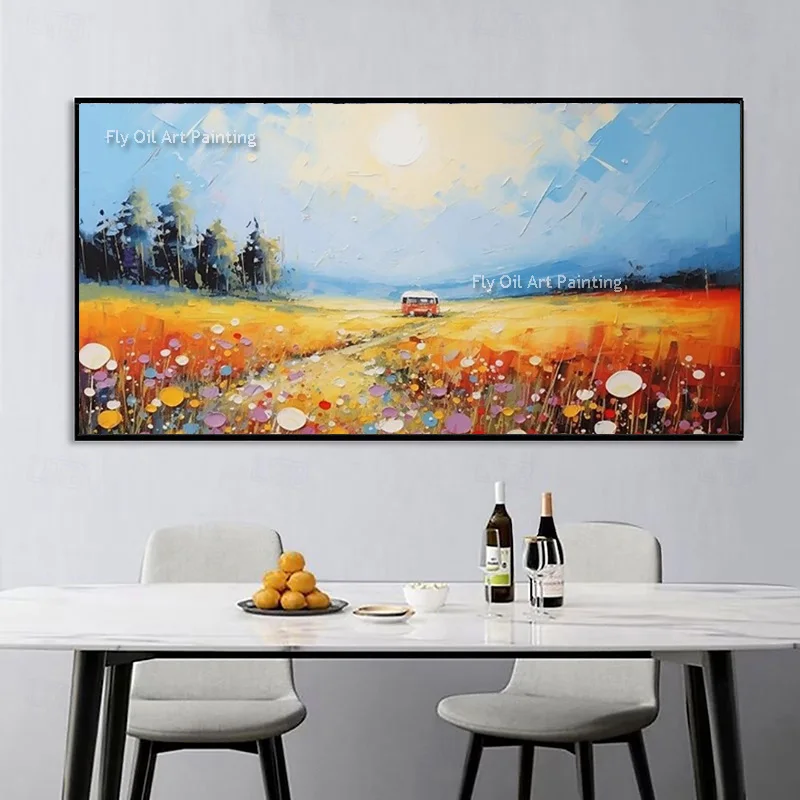 Beautiful Forest Landscape Wall Art Hand Drawn Yellow Orange Grass Fied Oil Painting On Canvas New Artwork For Home Decor