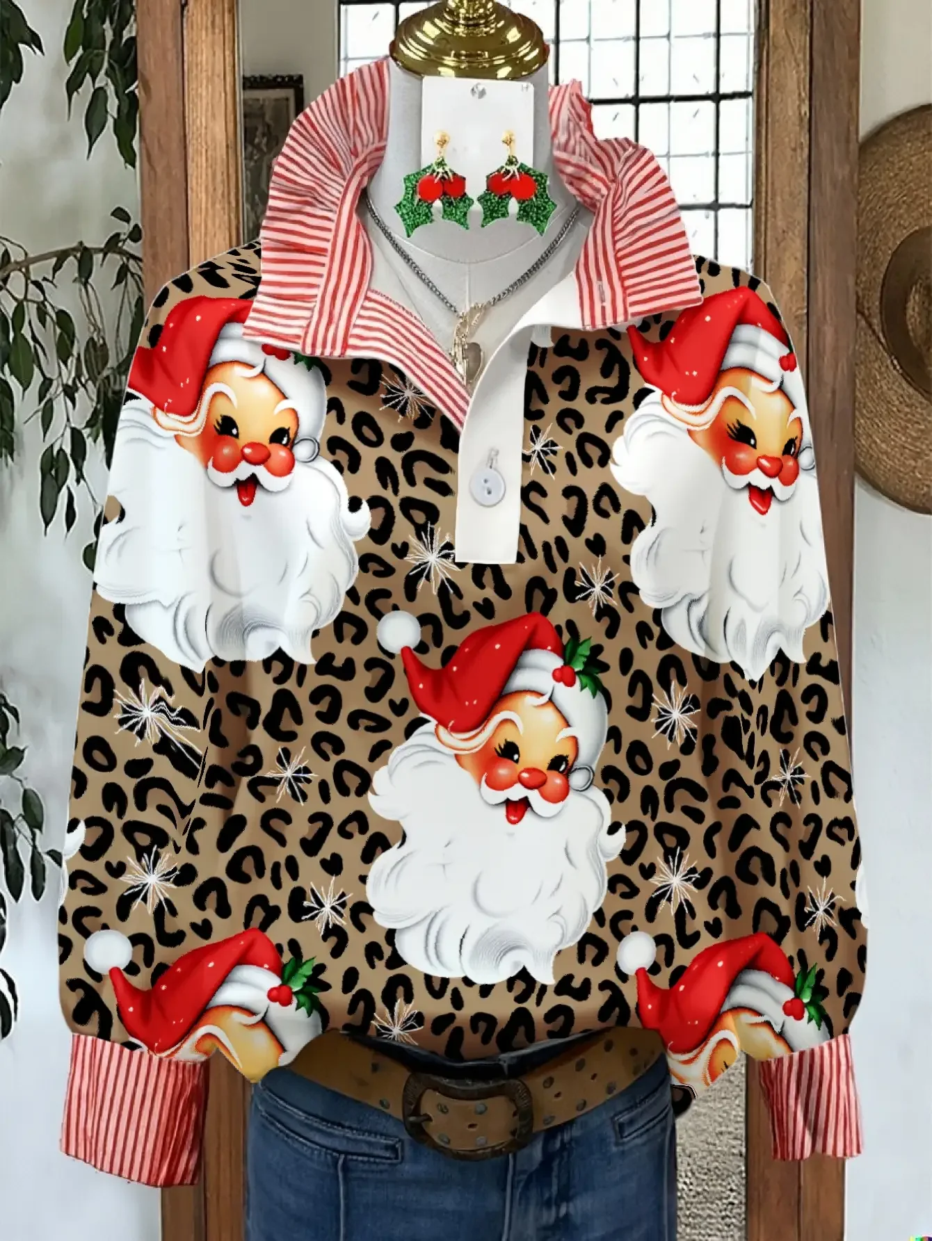 Women's striped personalized fashion shirt, multi-color striped collar, half button pattern, Candy stick and snowflake design