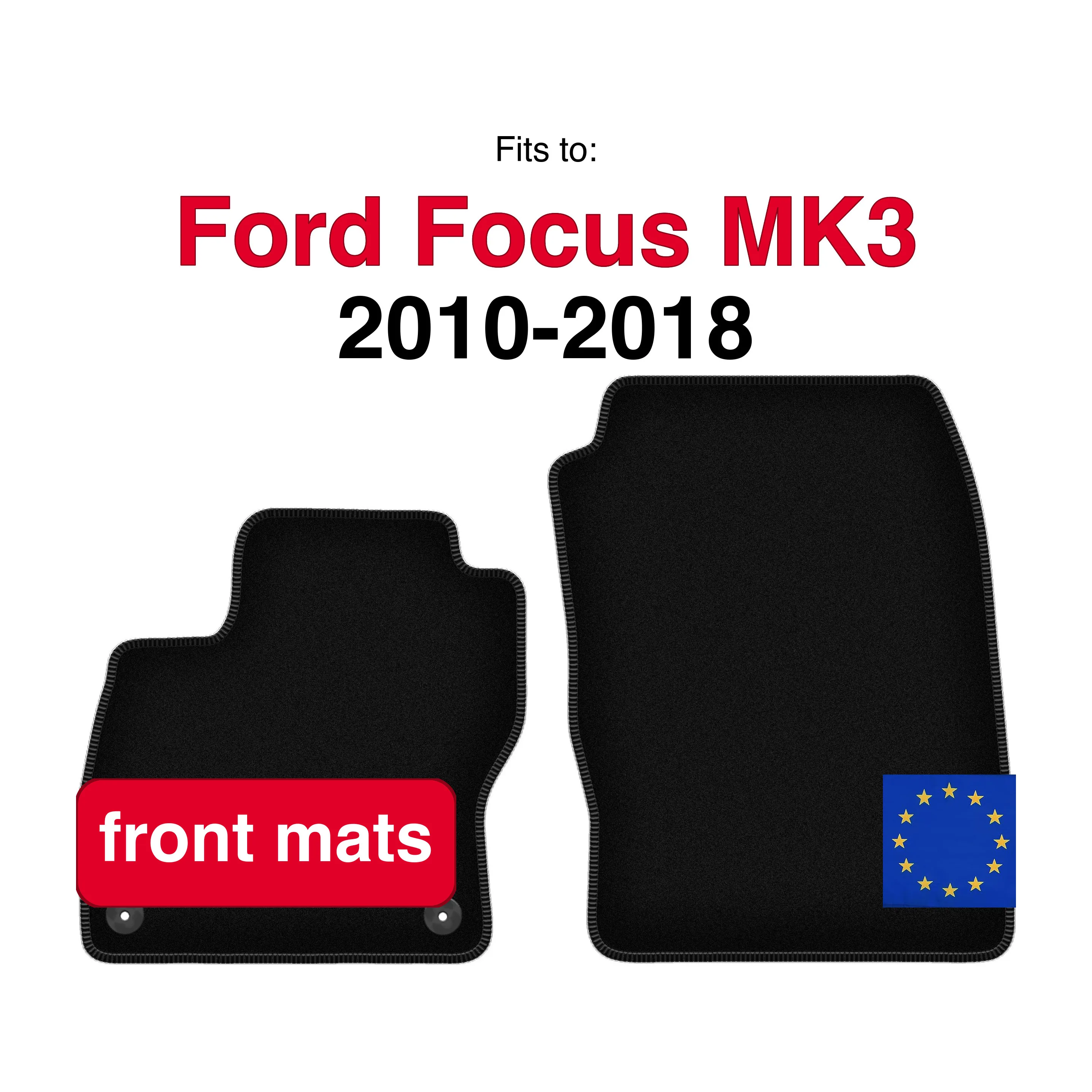 Image of Velours-Fußmatten vorne für Ford Focus MK3 Schrägheck, Limousine, Kombi (2010-2018) - Schwarz (2 Stück) Set Vorderfußmatten für Autos