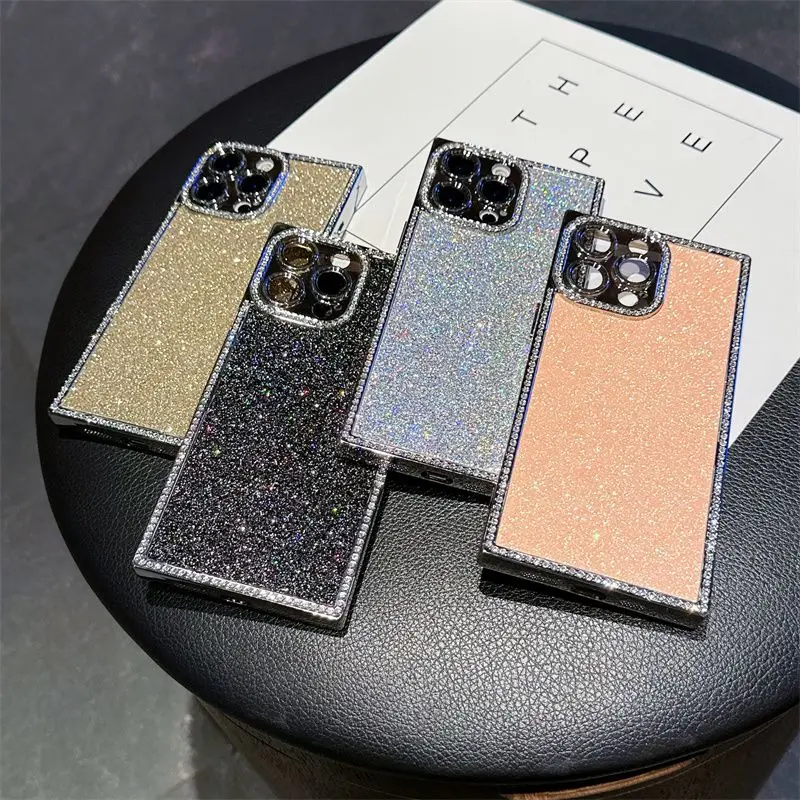

Rectangular right angle glitter phone case suitable for iPhone 16 anti drop protective case iPhone 15 luxury phone case