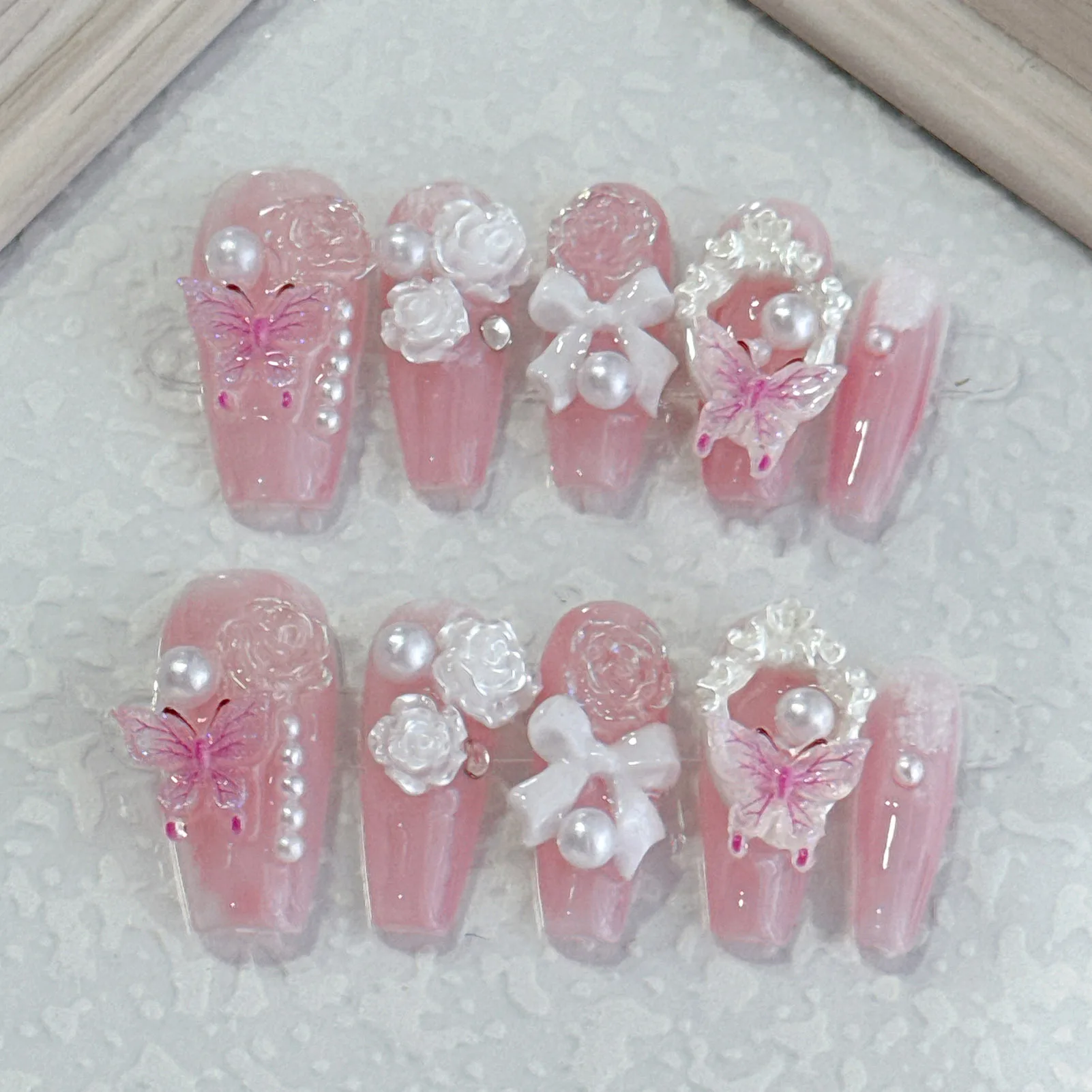 Handamde Pink Press On Nails 3D Bows Flower Pearl Butterfly Designs False Nail Patches Ballerina Reusable Fake Nail Tips 10pcs