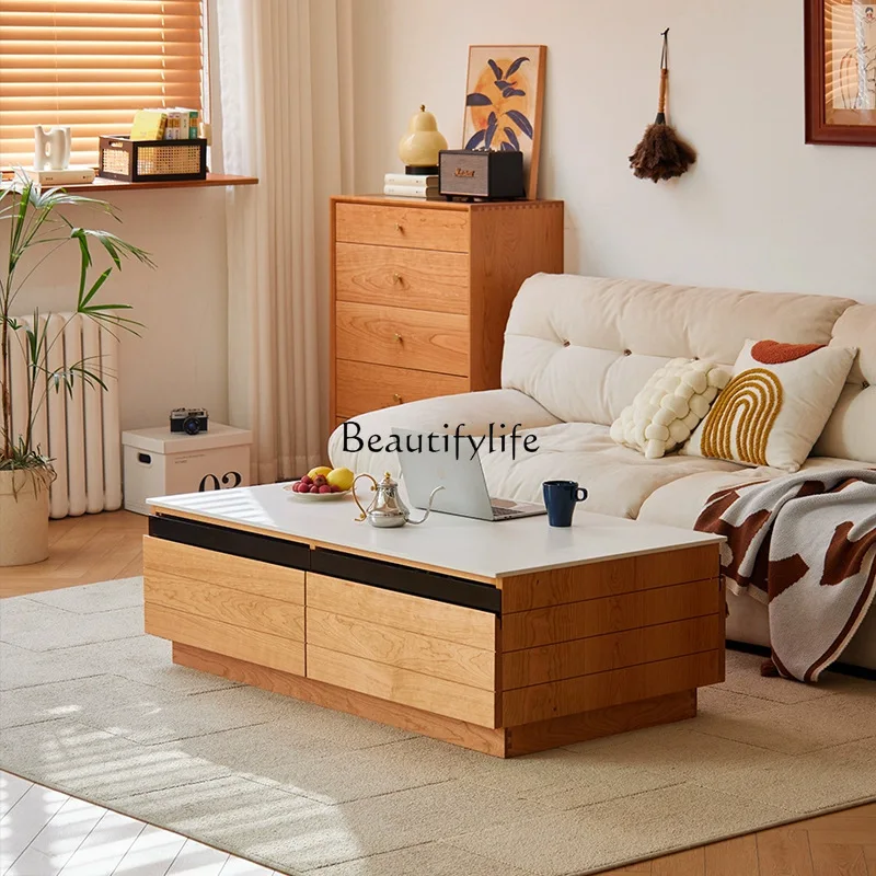 

Nordic living room solid wood floor coffee table modern simple cherry wood Japanese rock slab small tea table